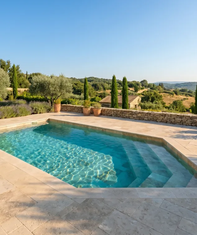 Travertin et pierre naturelle posés en extérieur par MDC Rénovation à Saint-Tropez